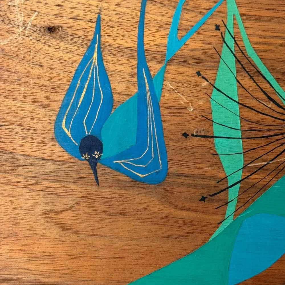 Vintage MCM Blue and Gold Abstract Wall Art Painted Birds on Wood